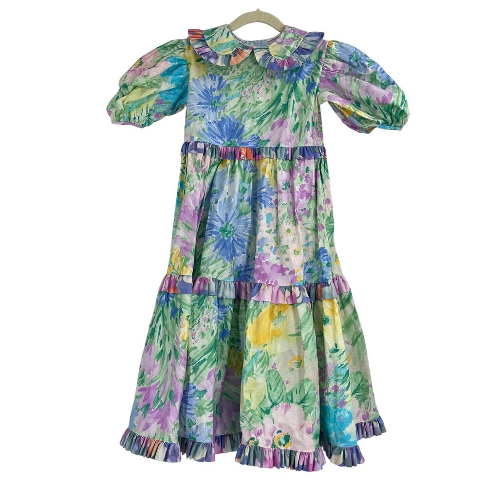 Vintage JG Hook Watercolor Floral French 90s Collared Dress Girls Size 10/12 USA
